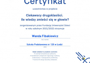 certyfikat Ciekawscy drugoklasiści dla pani Wandy Fibakiewicz
