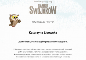 Certyfikat udziału w programie edukacyjnym szkolne przygody Gangu Swojaków