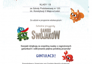 Certyfikat udziału w programie edukacyjnym szkolne przygody Gangu Swojaków