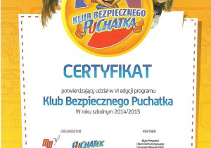 certyfikat Klub Bezpiecznego Puchatka