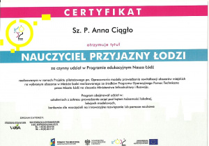 certyfikat Nauczyciel Przyjazny Łodzi A Ciągło