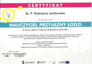 certyfikat Nauczyciel Przyjazny Łodzi K Jankowska