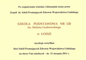 certyfikat Sieci Szkół Promujących Zdrowie 2011