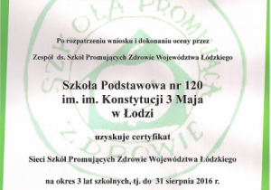 certyfikat Sieci Szkół Promujących Zdrowie 2016